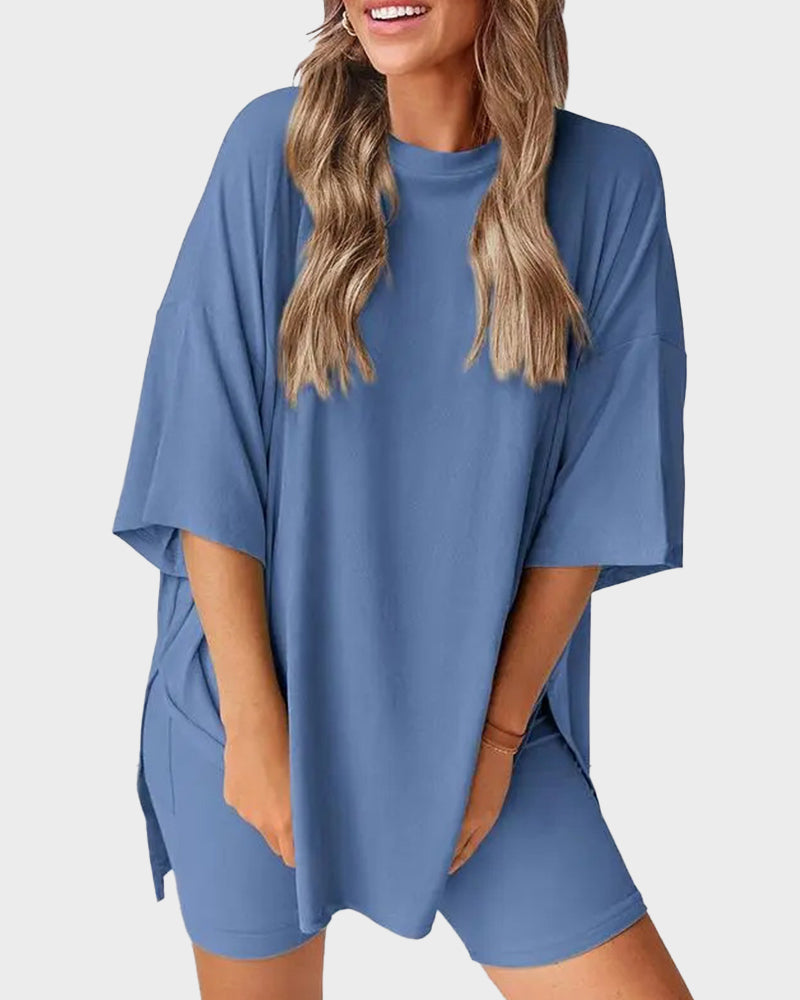 Casual Oversized 2-Piece Lounge Set with Crewneck & Split Hem 1