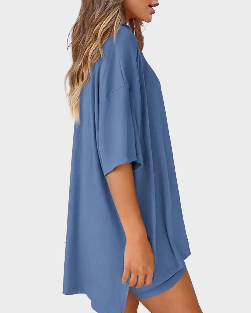 Casual Oversized 2-Piece Lounge Set with Crewneck & Split Hem 2