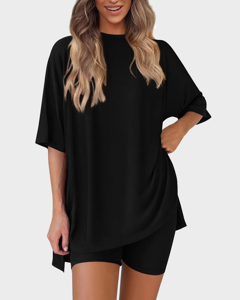 Casual Oversized 2-Piece Lounge Set with Crewneck & Split Hem 5
