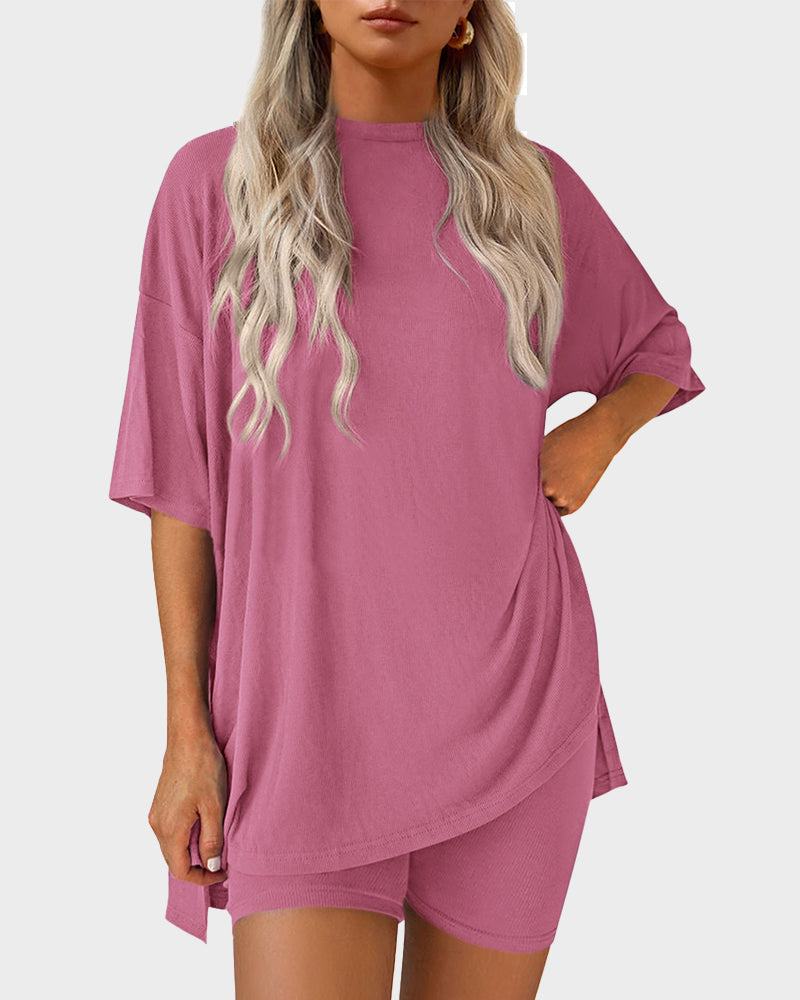 Casual Oversized 2-Piece Lounge Set with Crewneck & Split Hem 6