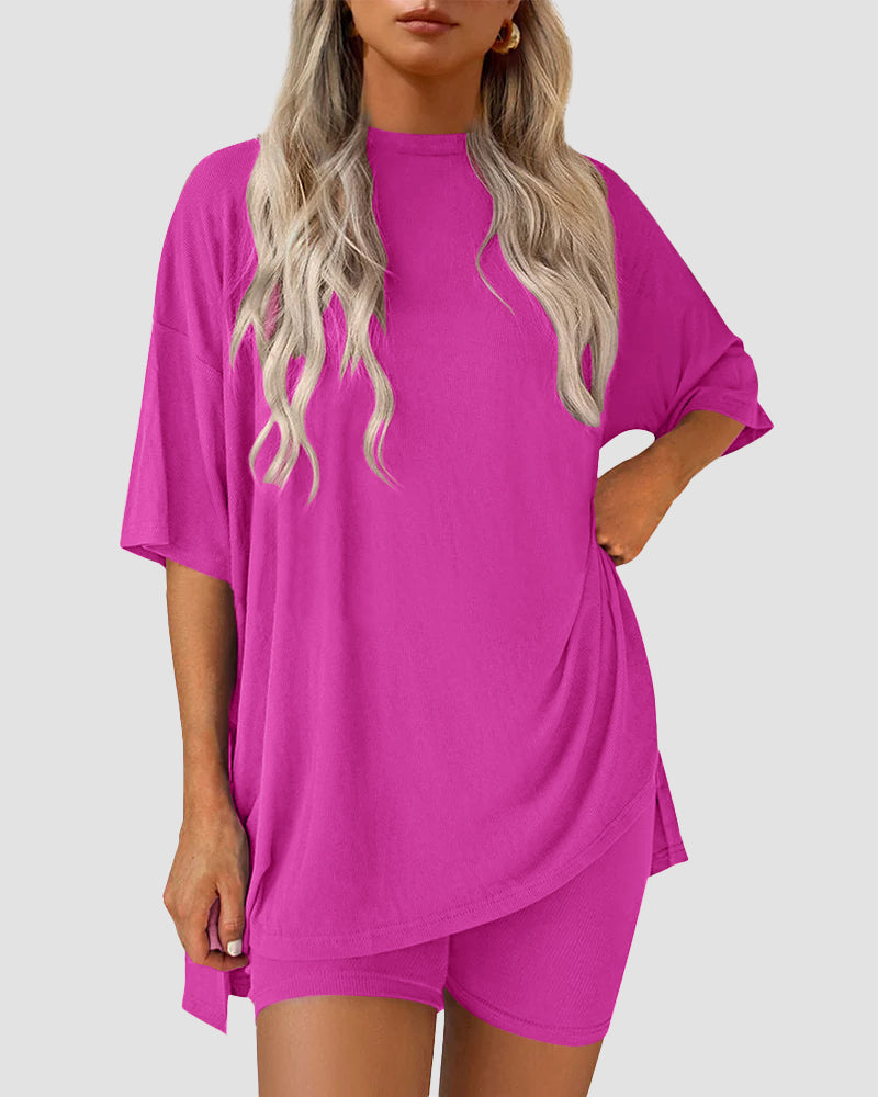 Casual Oversized 2-Piece Lounge Set with Crewneck & Split Hem 7