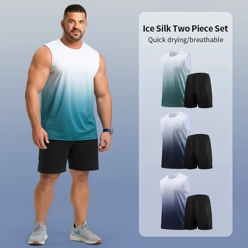 Men’s Ice Silk Quick-Dry Sleeveless Sportswear Set – Breathable Gym Tank Top & Shorts Outfit for Training and Running