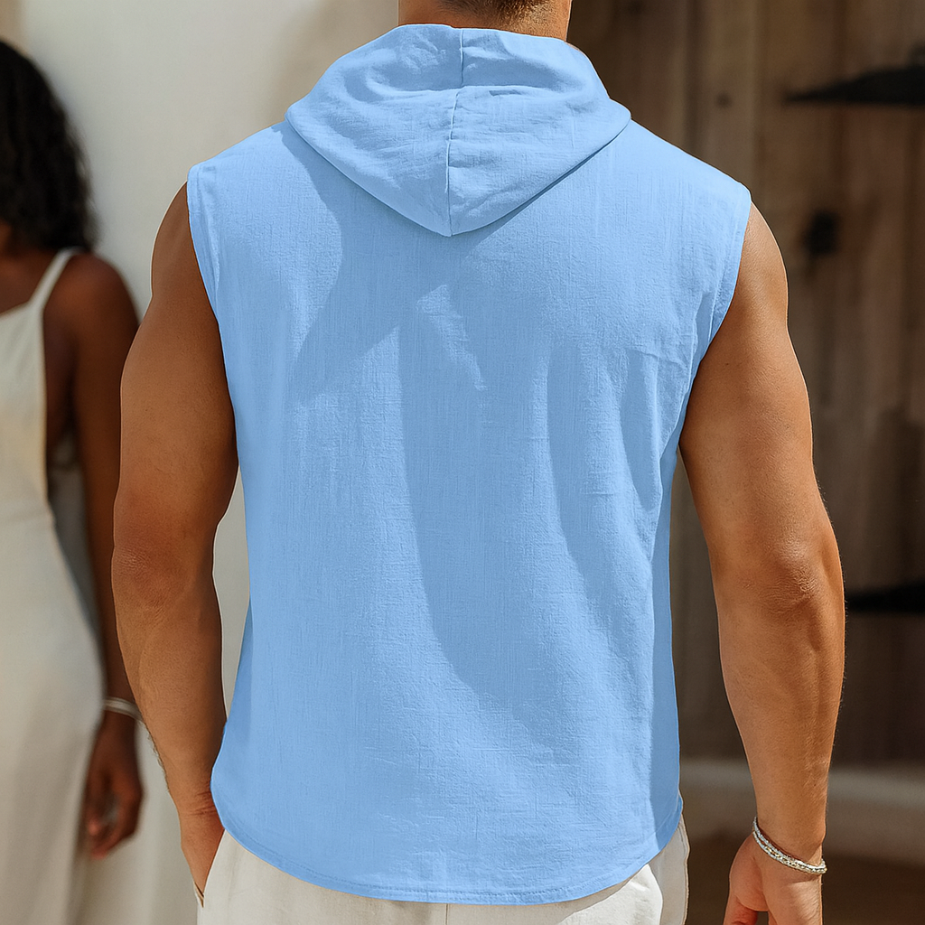 Men’s Casual Loose Hooded Linen Tank Top – Vintage Sleeveless Deep V-Neck Shirt for Beach, Travel & Leisure