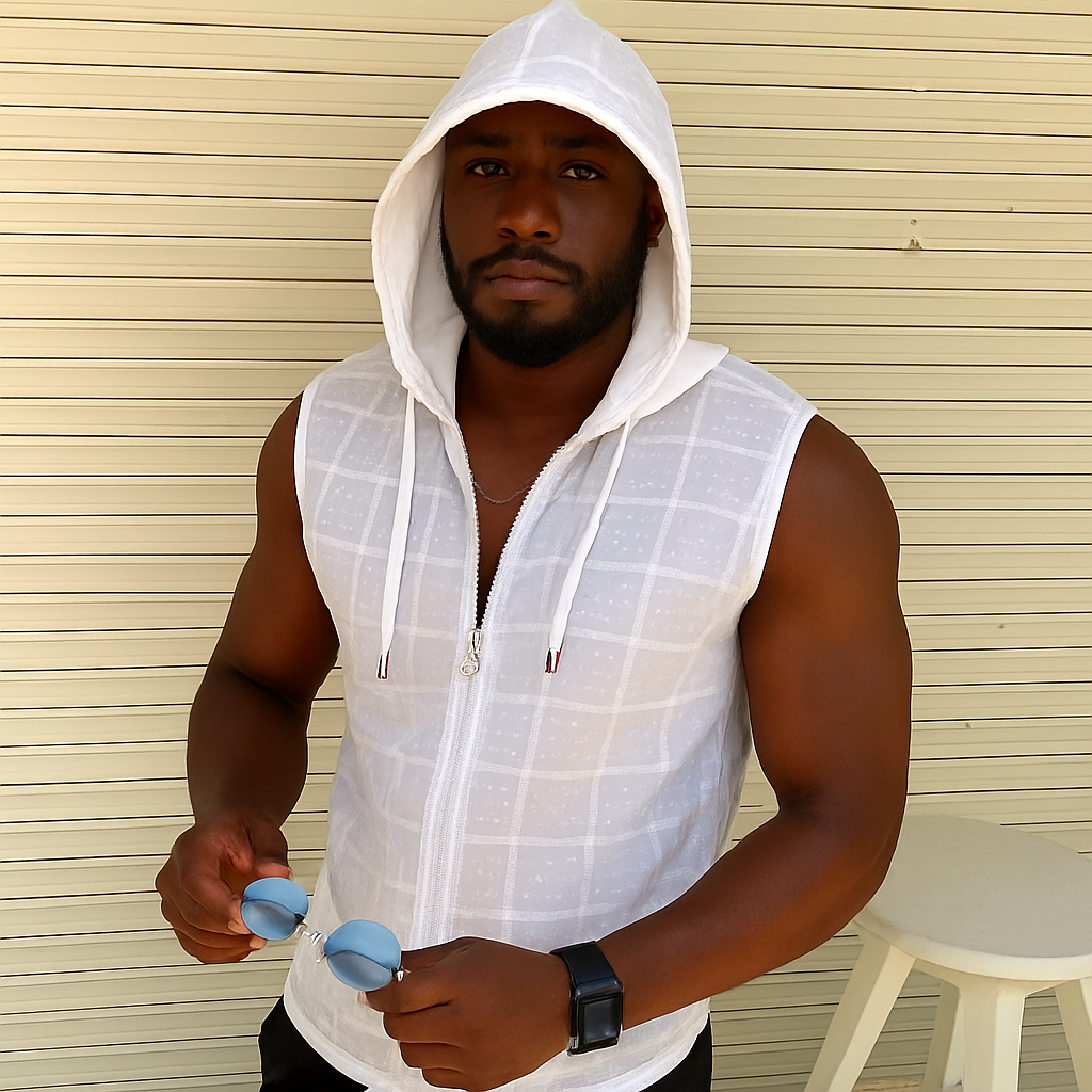 Men’s Sleeveless Zip-Up Hoodie – Lightweight Plaid Mesh Vest, Casual Streetwear, Sun Protection Top