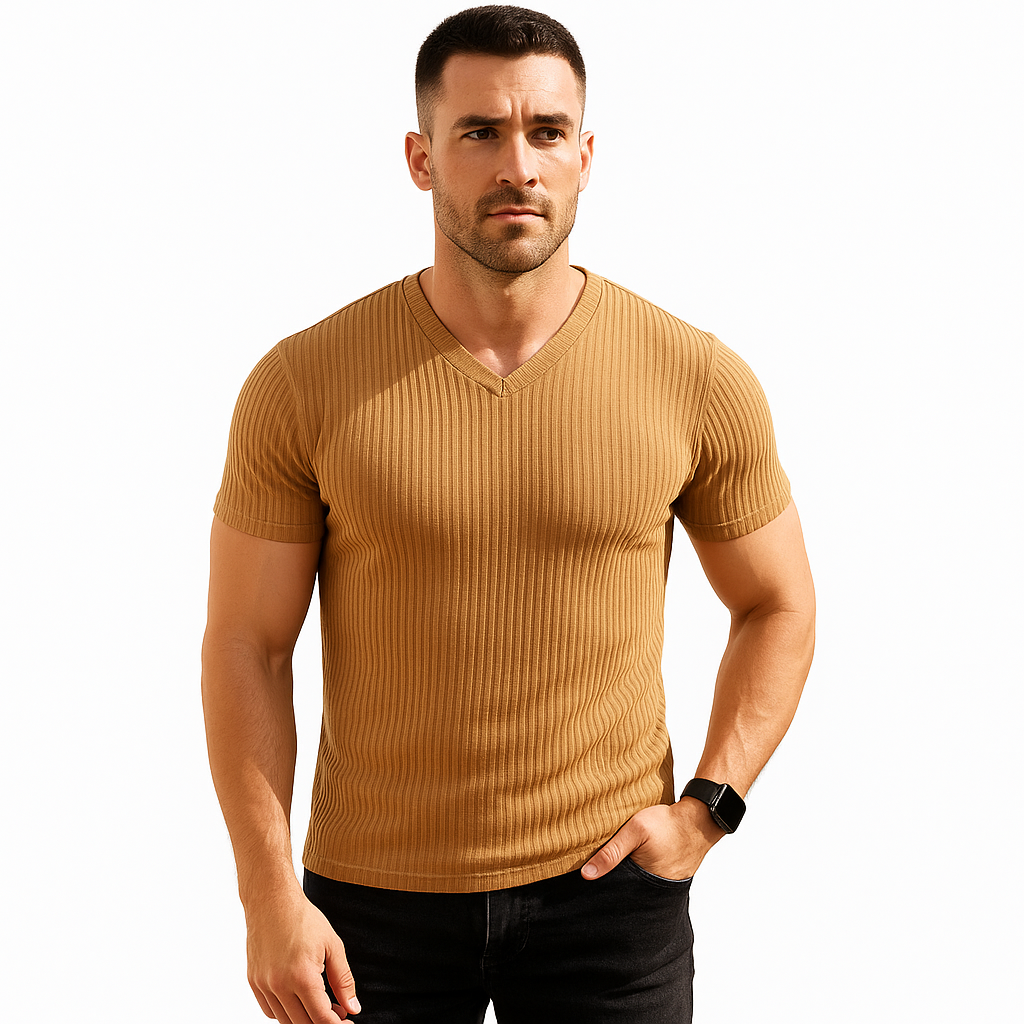 Men’s Ribbed V-Neck Muscle T-Shirt – Short Sleeve Slim Fit Stretch Tee for Bodybuilding, Training & Casual Wear