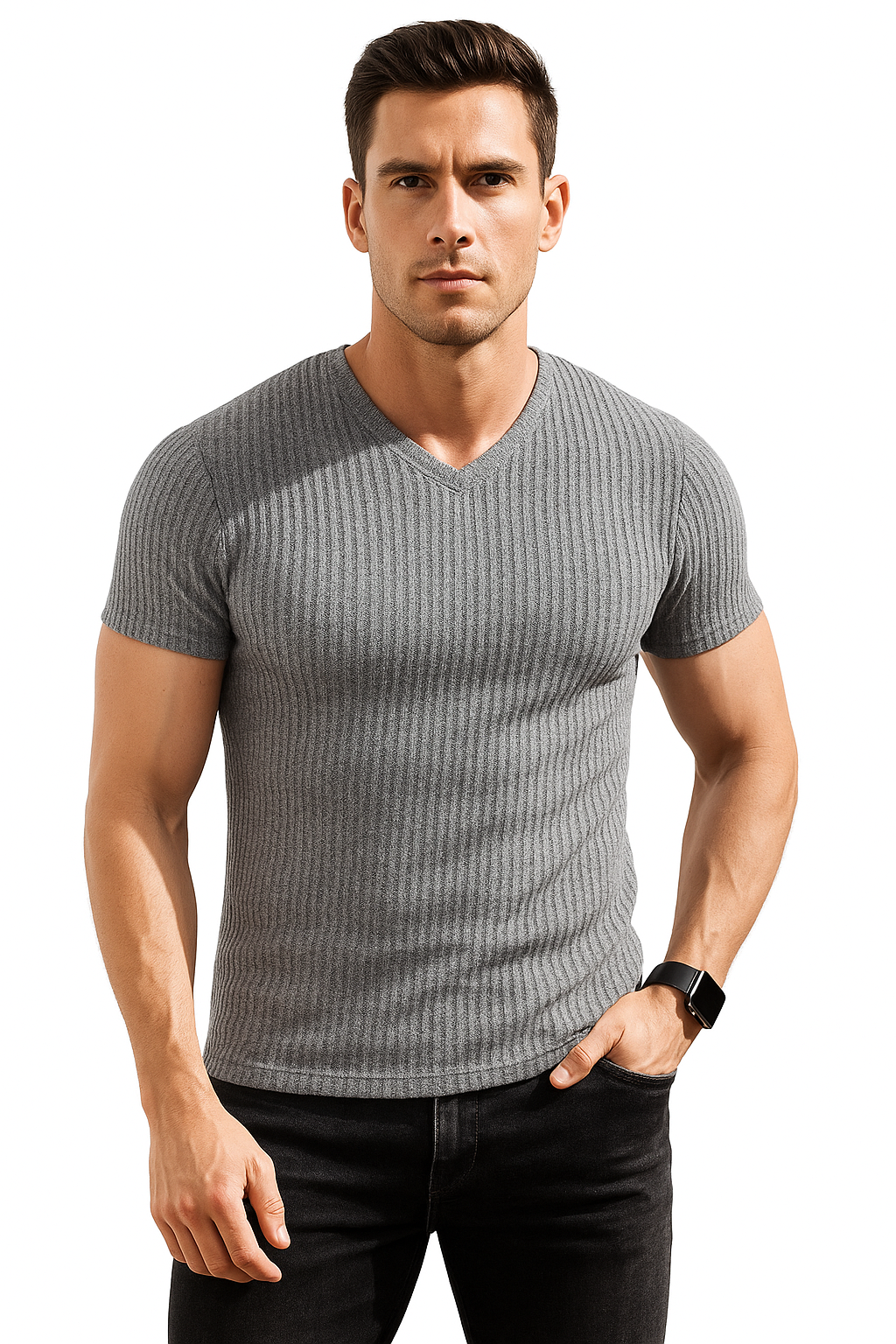 Men’s Ribbed V-Neck Muscle T-Shirt – Short Sleeve Slim Fit Stretch Tee for Bodybuilding, Training & Casual Wear