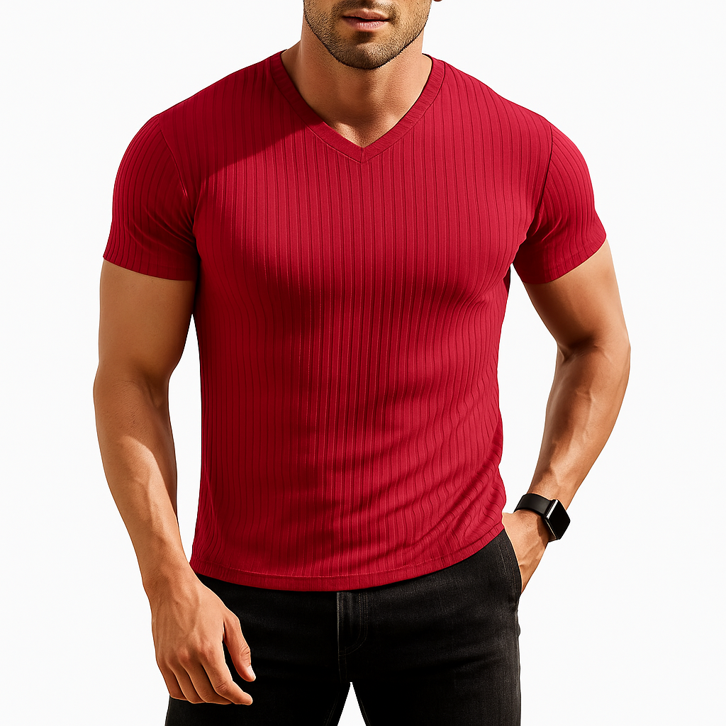 Men’s Ribbed V-Neck Muscle T-Shirt – Short Sleeve Slim Fit Stretch Tee for Bodybuilding, Training & Casual Wear