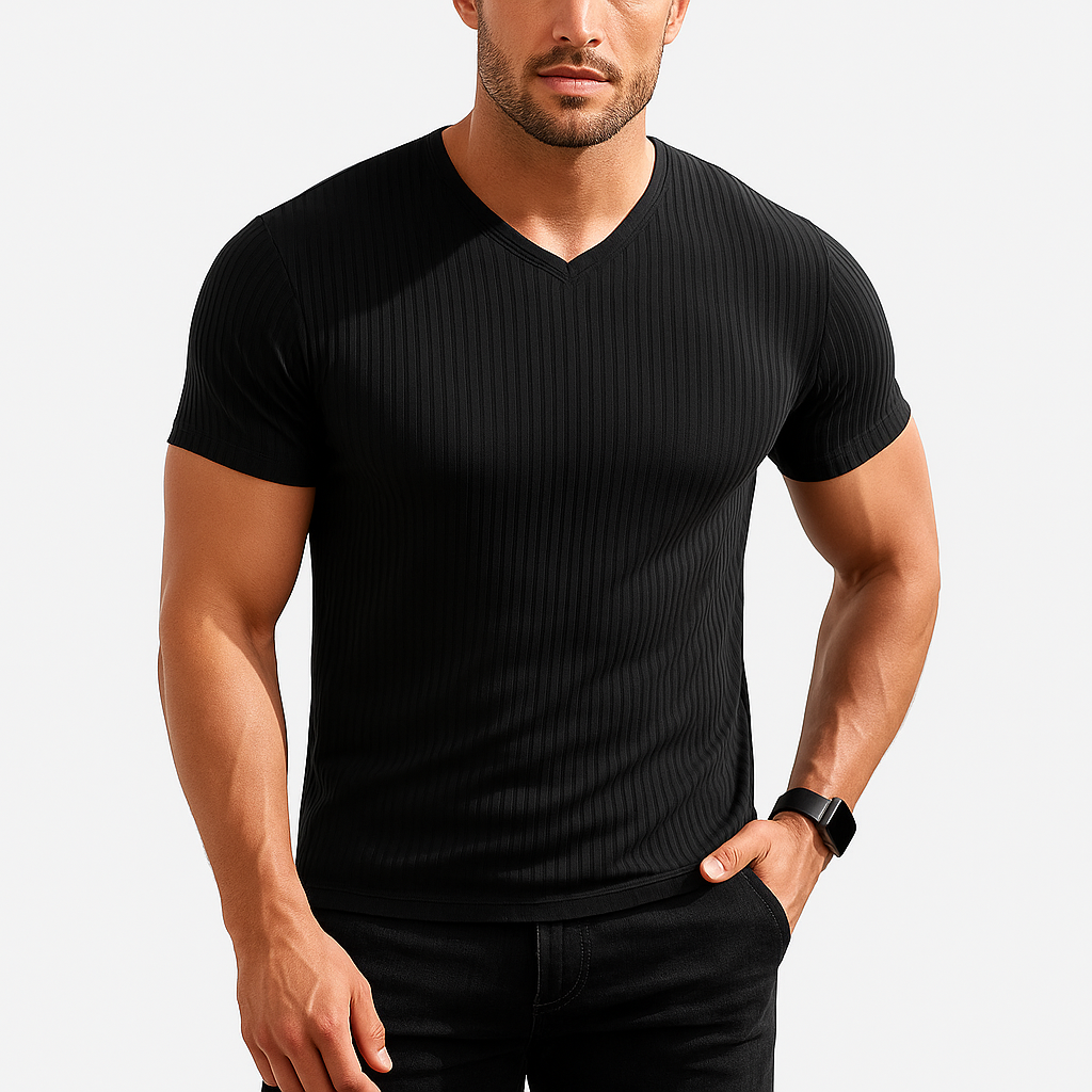 Men’s Ribbed V-Neck Muscle T-Shirt – Short Sleeve Slim Fit Stretch Tee for Bodybuilding, Training & Casual Wear