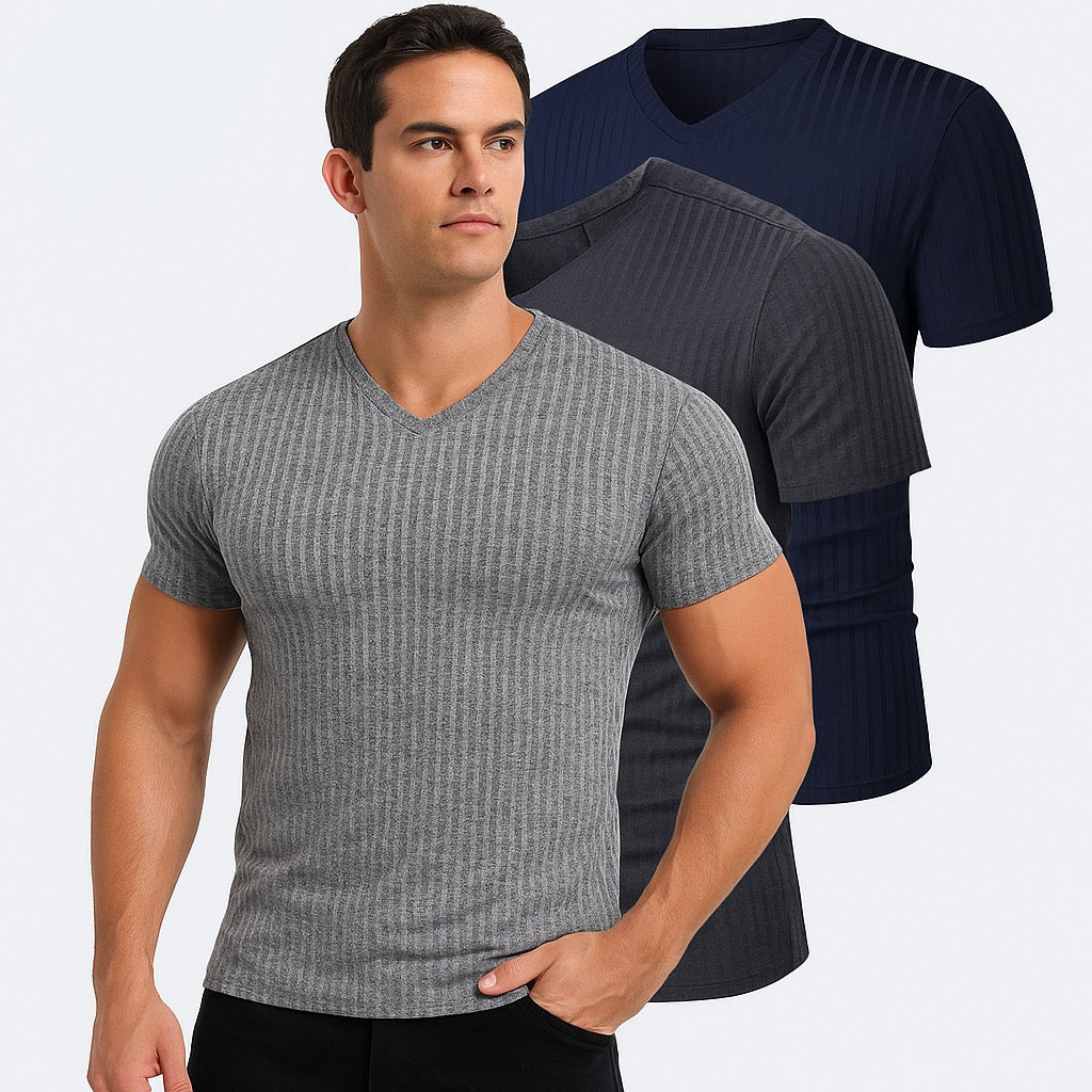 Men’s Ribbed V-Neck Muscle T-Shirt – Short Sleeve Slim Fit Stretch Tee for Bodybuilding, Training & Casual Wear