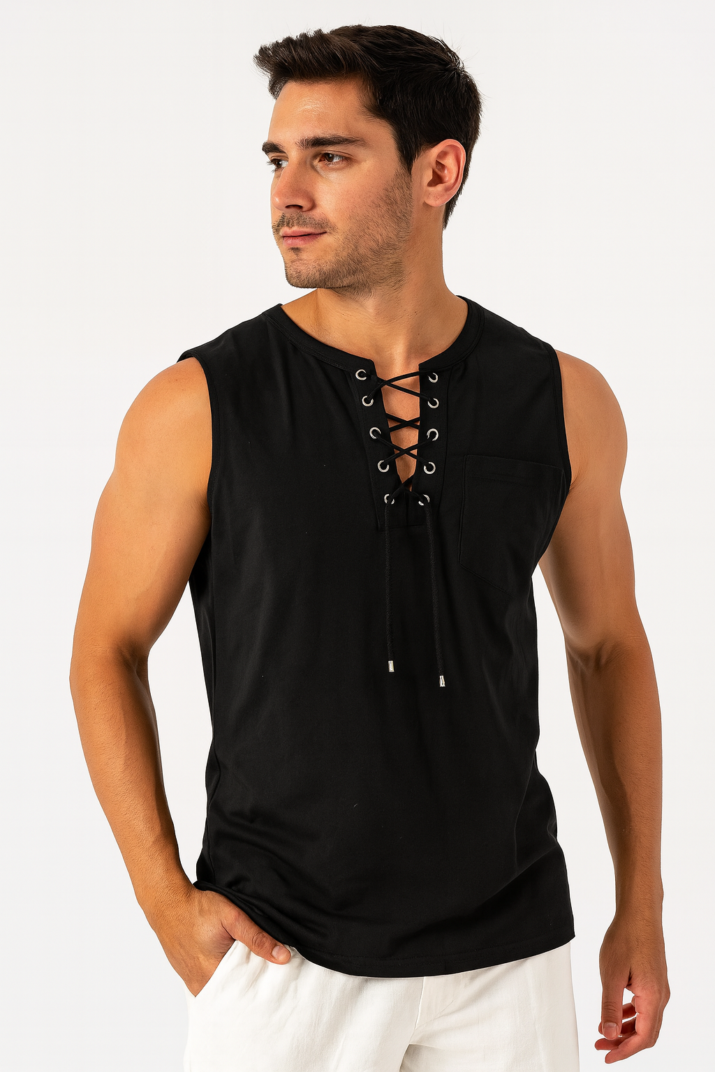 Men’s Sleeveless Cotton Linen Lace-Up Shirt – Casual Loose Fit Retro V-Neck Tank Top