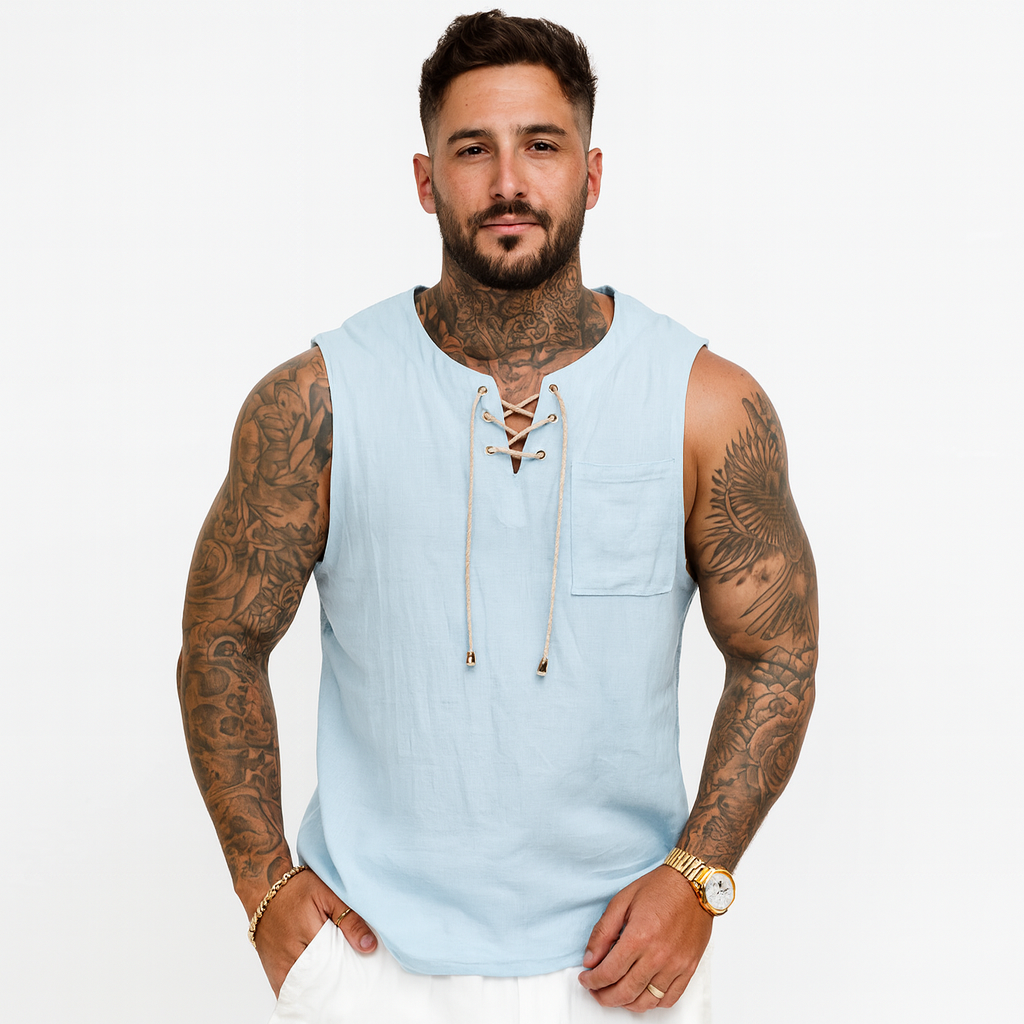 Men’s Sleeveless Cotton Linen Lace-Up Shirt – Casual Loose Fit Retro V-Neck Tank Top