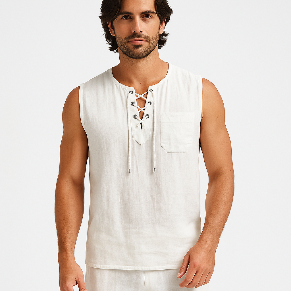 Men’s Sleeveless Cotton Linen Lace-Up Shirt – Casual Loose Fit Retro V-Neck Tank Top