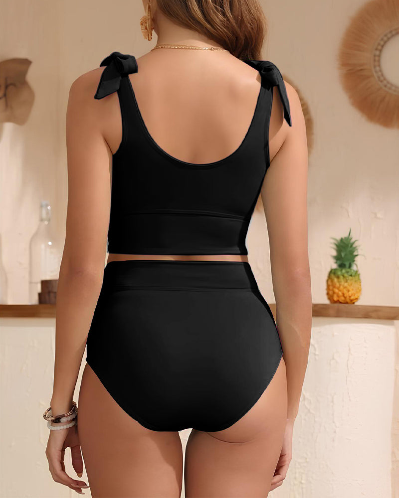 Double Tie Shoulder High Waist Tummy Control Bikini Set 3