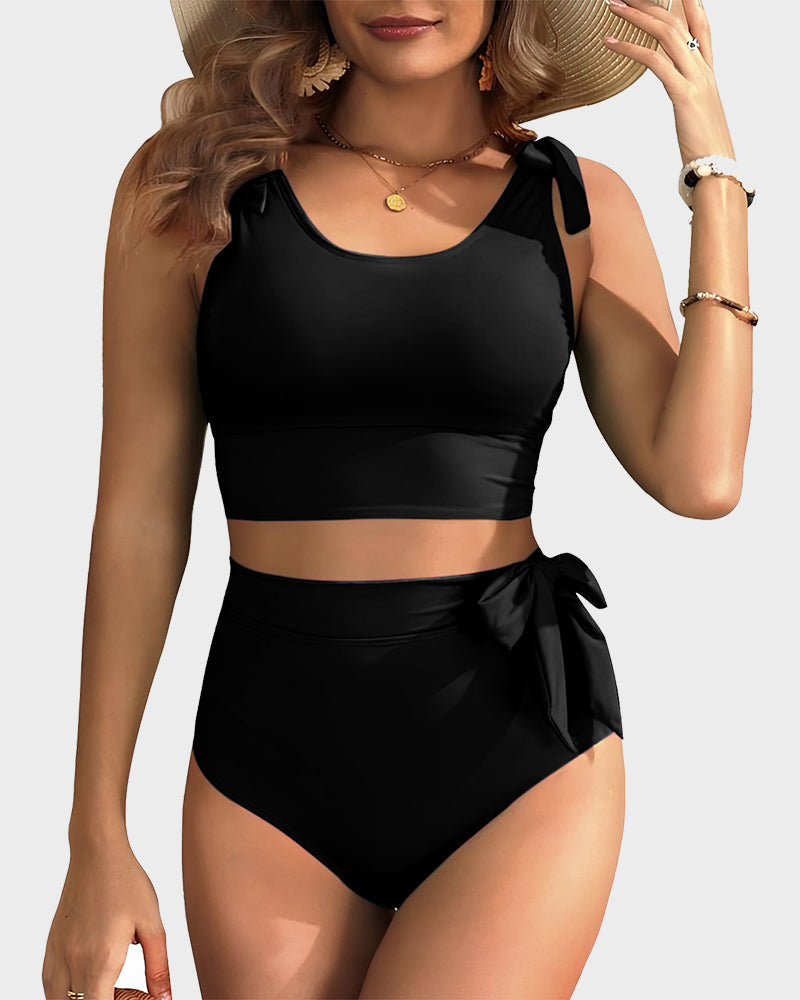 Double Tie Shoulder High Waist Tummy Control Bikini Set 4