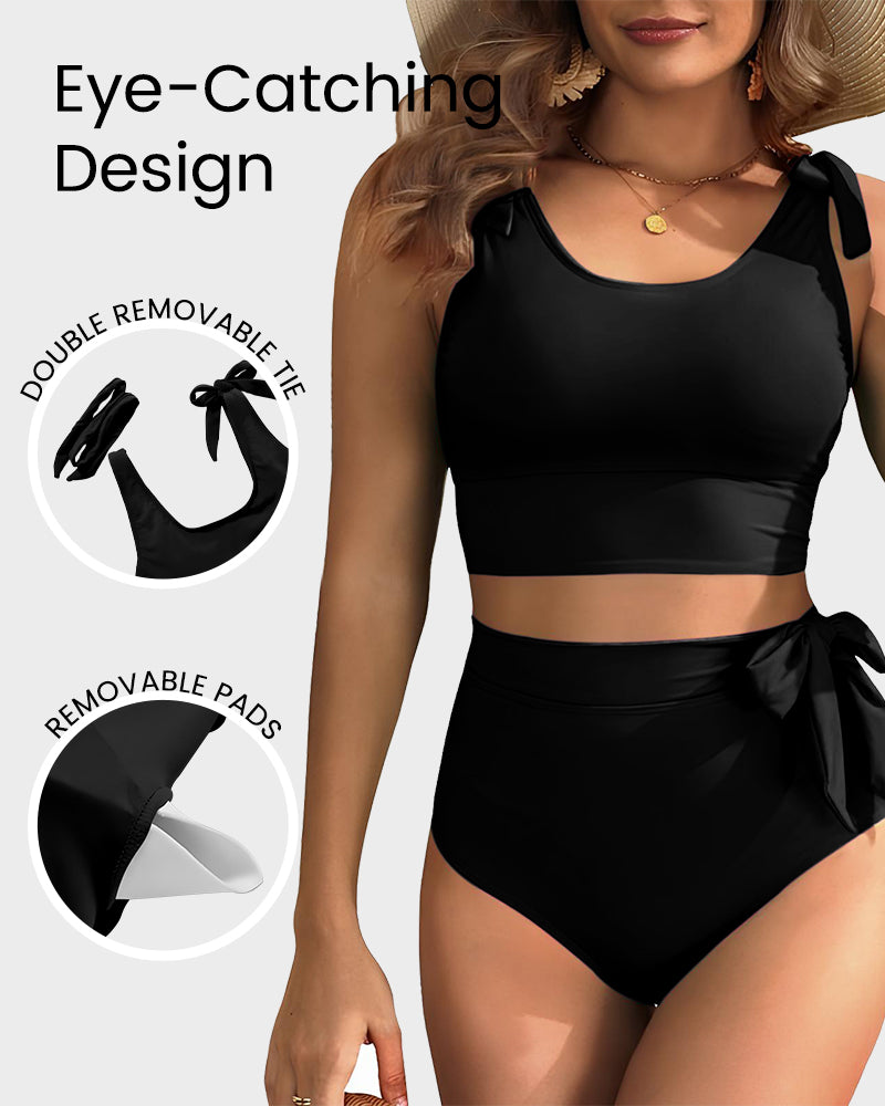 Double Tie Shoulder High Waist Tummy Control Bikini Set 6