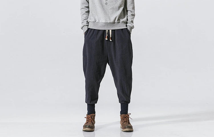 Men’s Cotton Linen Harem Pants – Baggy Drop-Crotch Trousers with Elastic Waist
