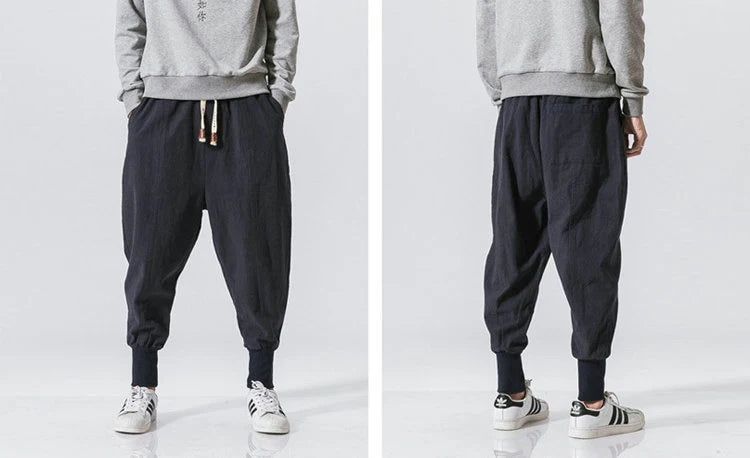 Men’s Cotton Linen Harem Pants – Baggy Drop-Crotch Trousers with Elastic Waist