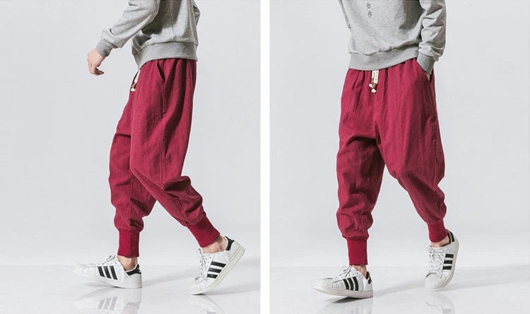 Men’s Cotton Linen Harem Pants – Baggy Drop-Crotch Trousers with Elastic Waist