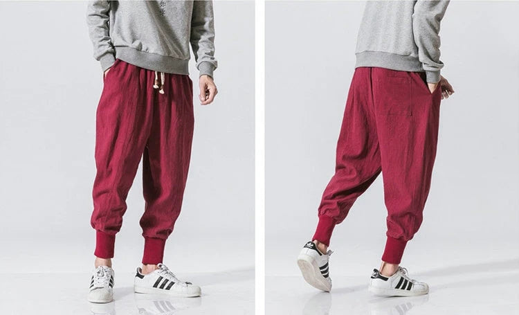 Men’s Cotton Linen Harem Pants – Baggy Drop-Crotch Trousers with Elastic Waist