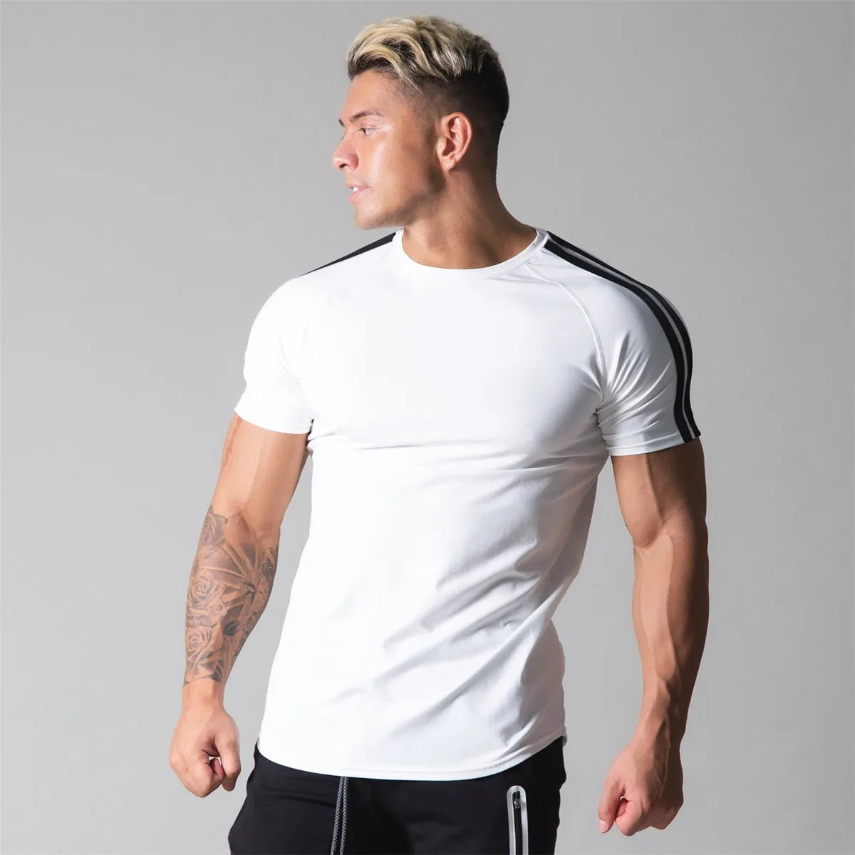Men’s Athletic Slim Fit Gym T-Shirt – Short Sleeve Cotton Training Top with Sport Stripe Design
