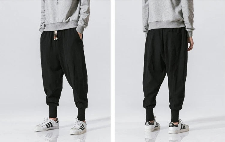 Men’s Cotton Linen Harem Pants – Baggy Drop-Crotch Trousers with Elastic Waist