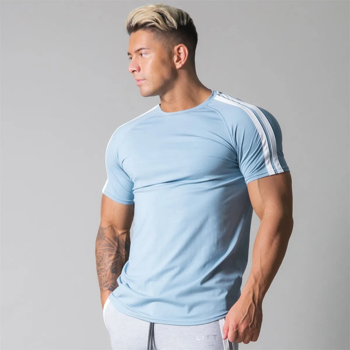 Men’s Athletic Slim Fit Gym T-Shirt – Short Sleeve Cotton Training Top with Sport Stripe Design