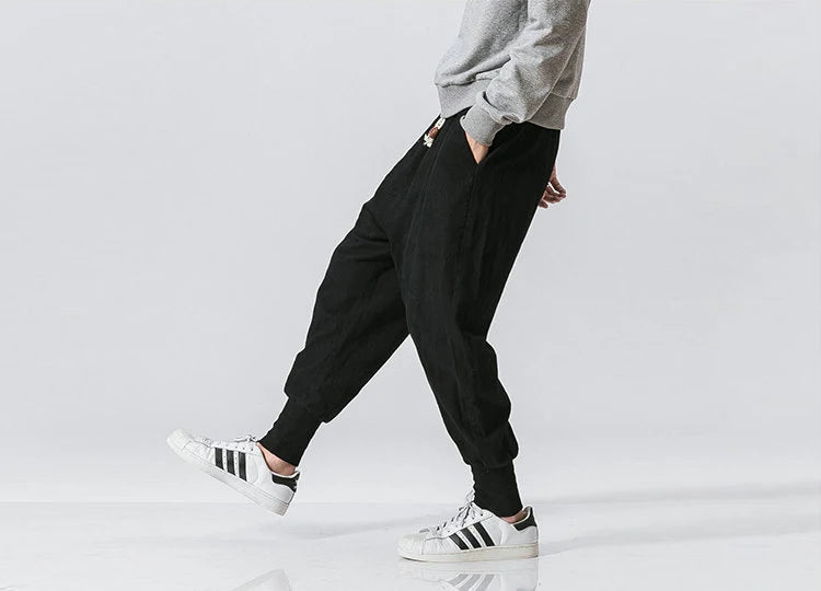 Men’s Cotton Linen Harem Pants – Baggy Drop-Crotch Trousers with Elastic Waist