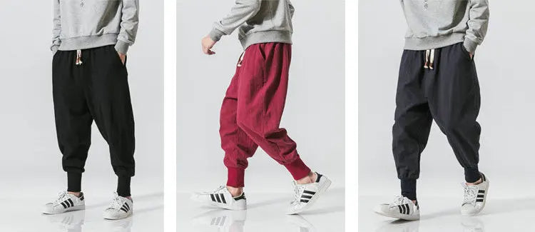 Men’s Cotton Linen Harem Pants – Baggy Drop-Crotch Trousers with Elastic Waist