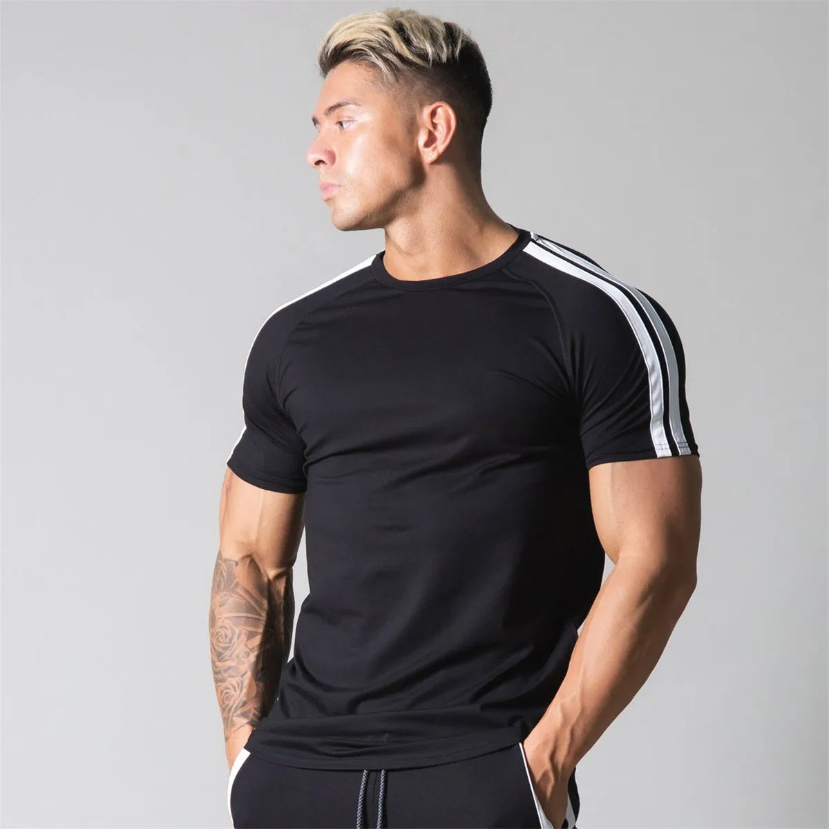 Men’s Athletic Slim Fit Gym T-Shirt – Short Sleeve Cotton Training Top with Sport Stripe Design