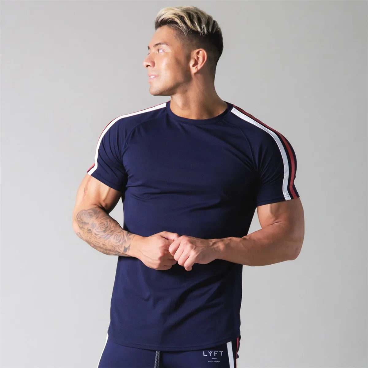 Men’s Athletic Slim Fit Gym T-Shirt – Short Sleeve Cotton Training Top with Sport Stripe Design