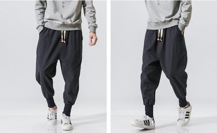 Men’s Cotton Linen Harem Pants – Baggy Drop-Crotch Trousers with Elastic Waist
