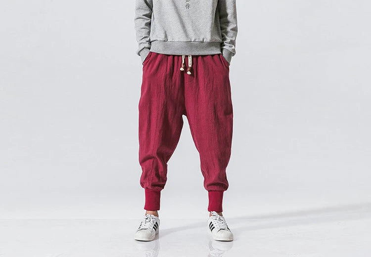 Men’s Cotton Linen Harem Pants – Baggy Drop-Crotch Trousers with Elastic Waist