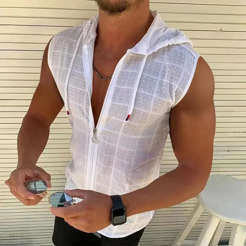Men’s Sleeveless Zip-Up Hoodie – Lightweight Plaid Mesh Vest, Casual Streetwear, Sun Protection Top