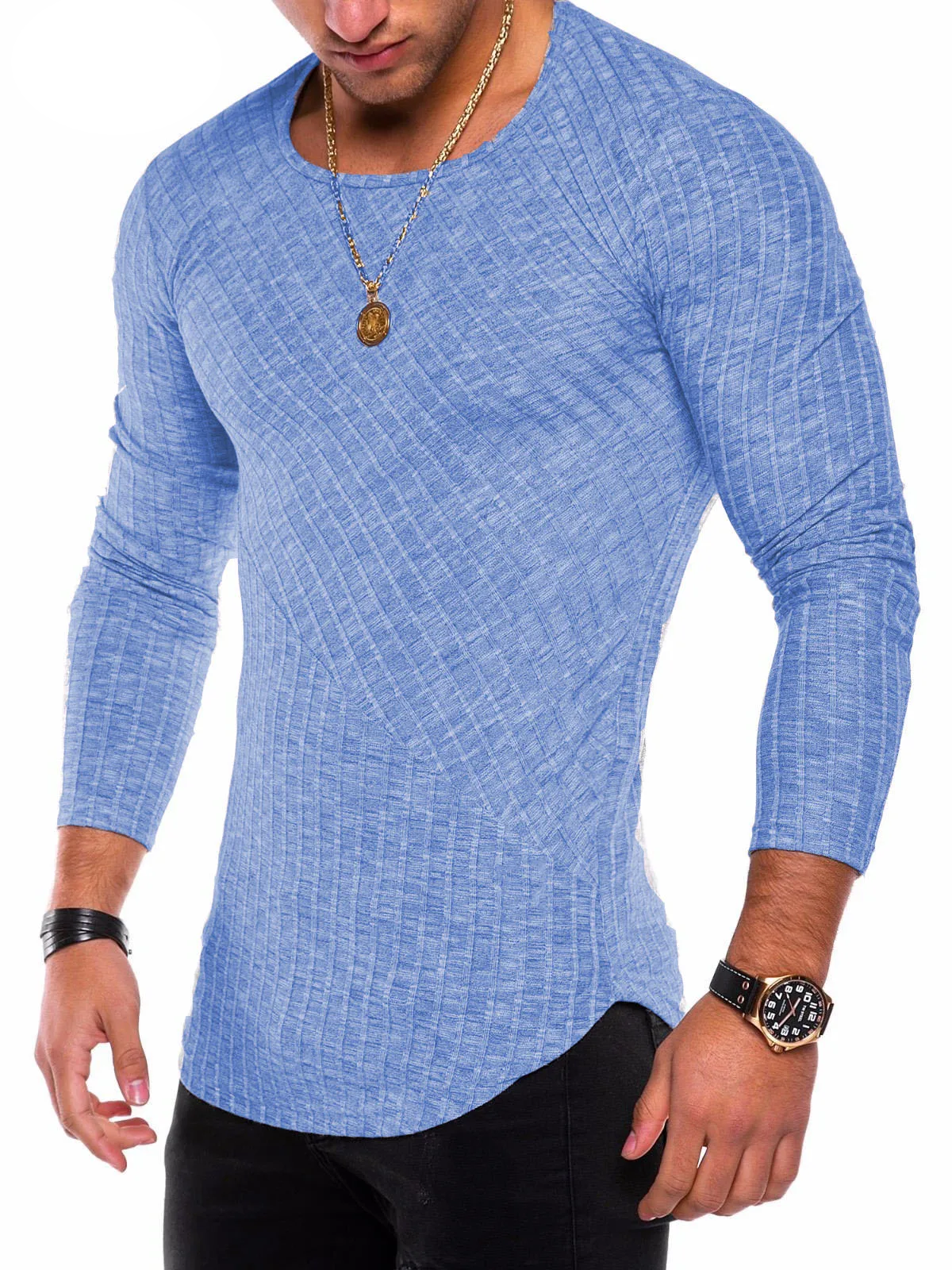 Men’s Slim Fit Ribbed Long Sleeve T-Shirt – Curved Hem, Crew Neck, Lightweight Knit Top