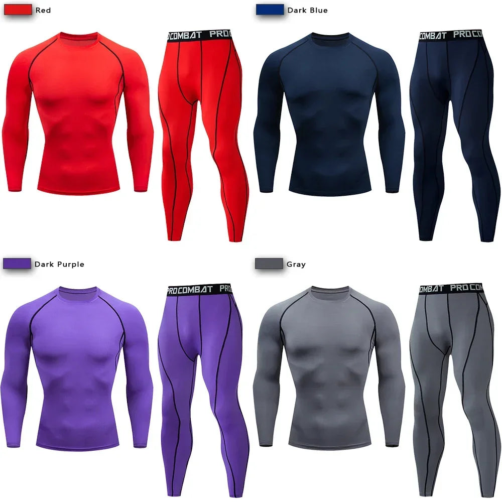 2PCS Men’s Compression Workout Set – Short & Long Sleeve Gym Shirt + Leggings | Quick Dry Fitness Clothes | Athletic Training Sportswear for Running, Yoga, MMA, Bodybuilding