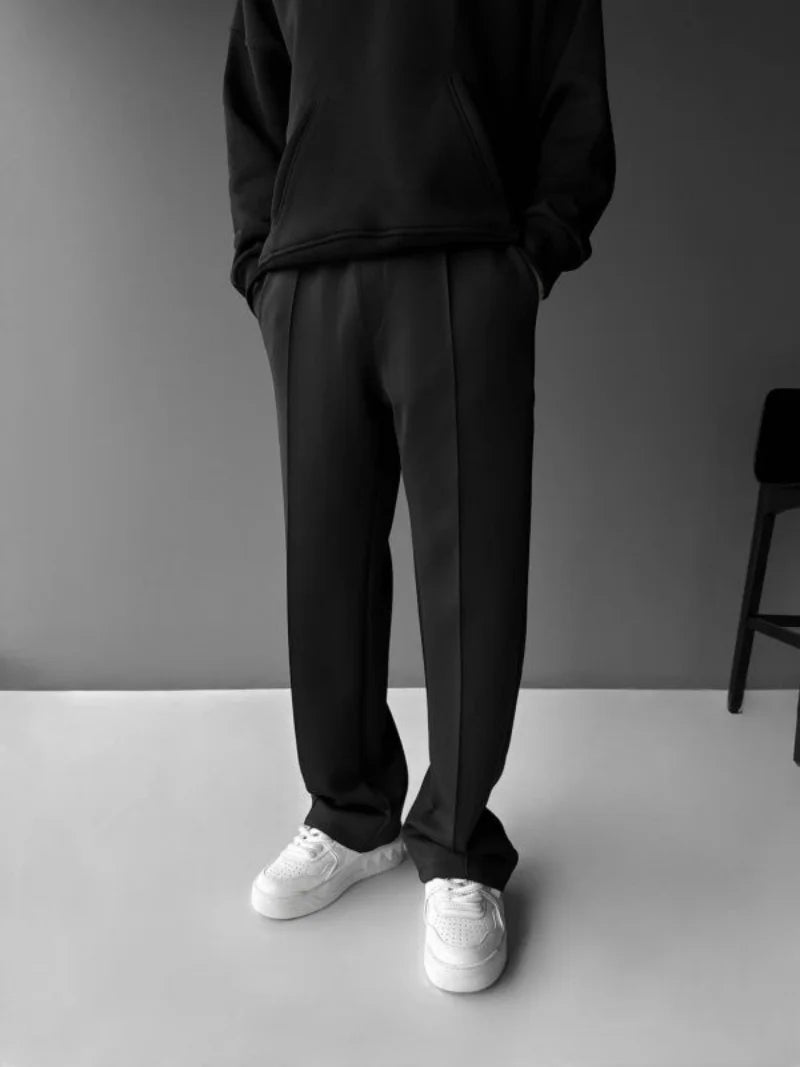 Men’s Casual Solid Color Pants – Elastic Waist Drawstring Trousers with Pleats and Pockets