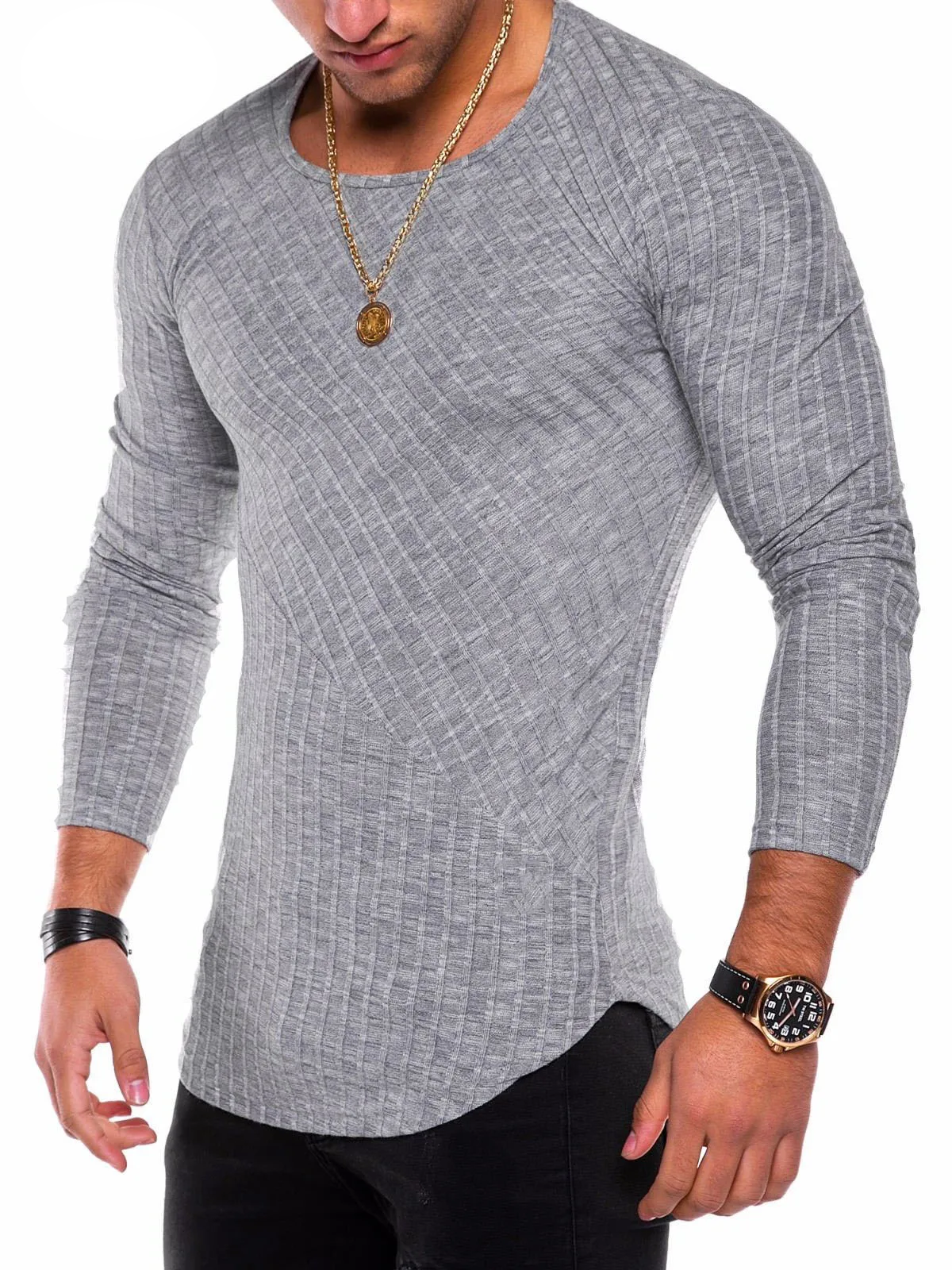Men’s Slim Fit Ribbed Long Sleeve T-Shirt – Curved Hem, Crew Neck, Lightweight Knit Top