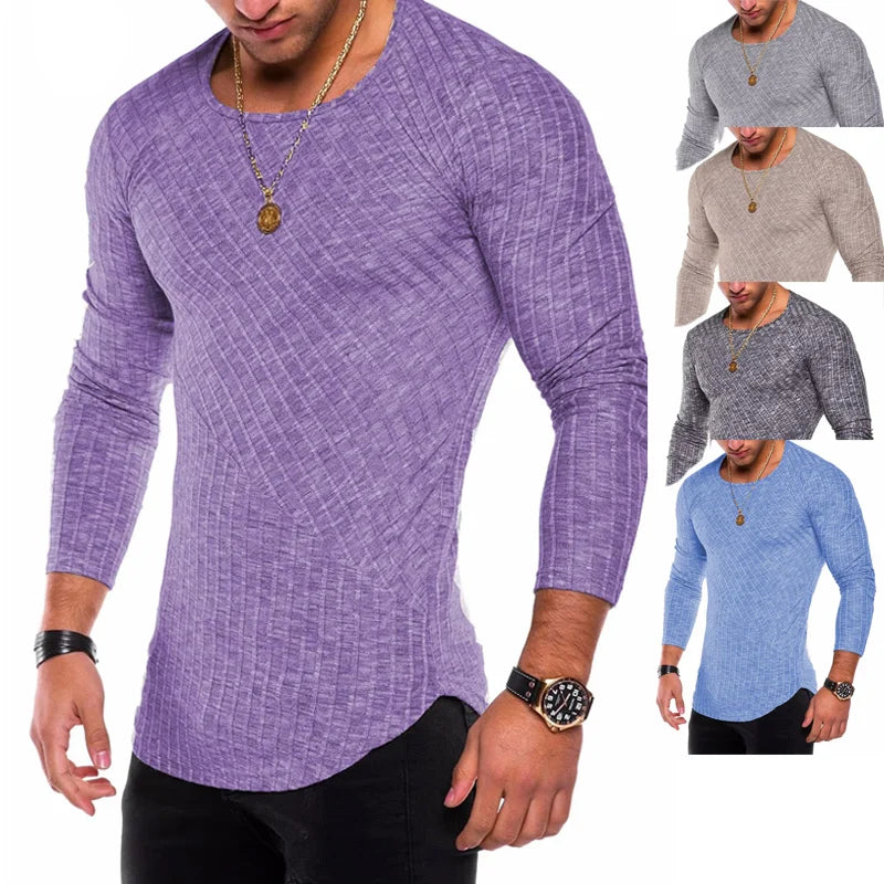 Men’s Slim Fit Ribbed Long Sleeve T-Shirt – Curved Hem, Crew Neck, Lightweight Knit Top