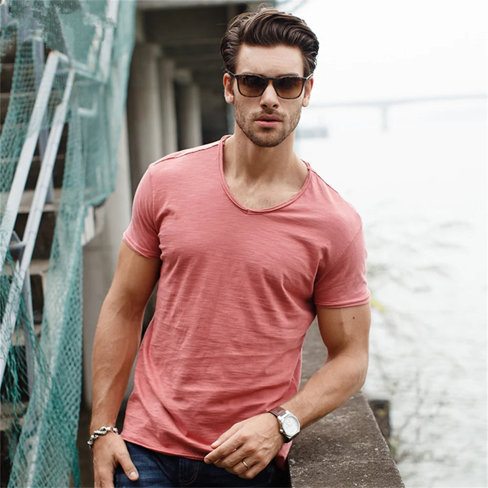 Men’s 100% Cotton Slim Fit V-Neck T-Shirt – Casual Short Sleeve Top for Everyday, Streetwear, and Layering