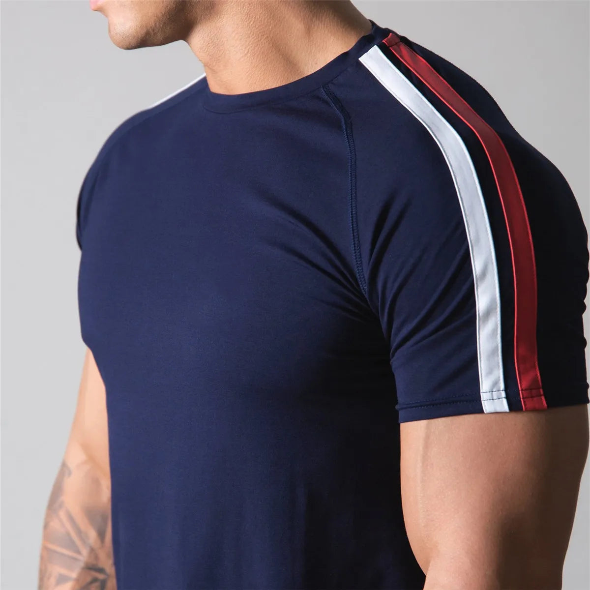 Men’s Athletic Slim Fit Gym T-Shirt – Short Sleeve Cotton Training Top with Sport Stripe Design