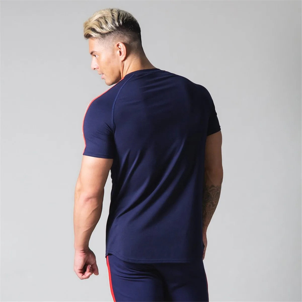 Men’s Athletic Slim Fit Gym T-Shirt – Short Sleeve Cotton Training Top with Sport Stripe Design