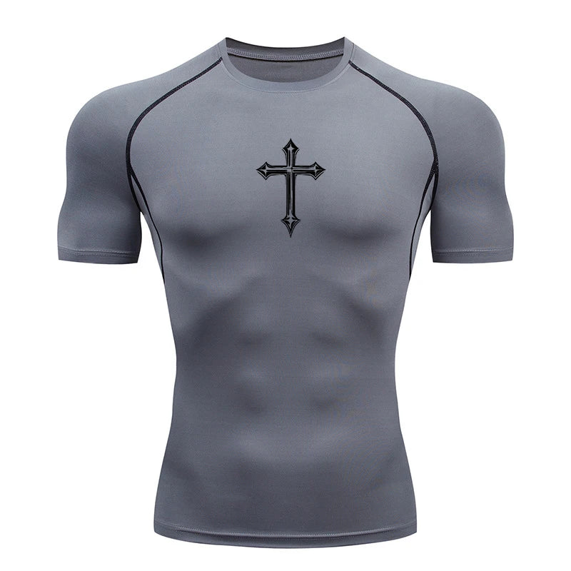 Men’s Cross Print Compression Shirt – Short/Long Sleeve Rash Guard Gym Top, Quick-Dry Base Layer – Hides Belly Fat & Gynecomastia