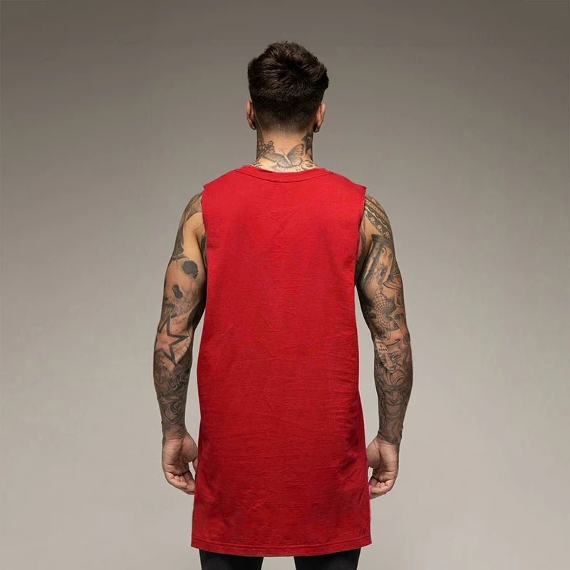 Men’s Longline Gym Tank Top Shirt – Cotton Sleeveless Workout Vest for Fitness, Training, and Hip Hop Style