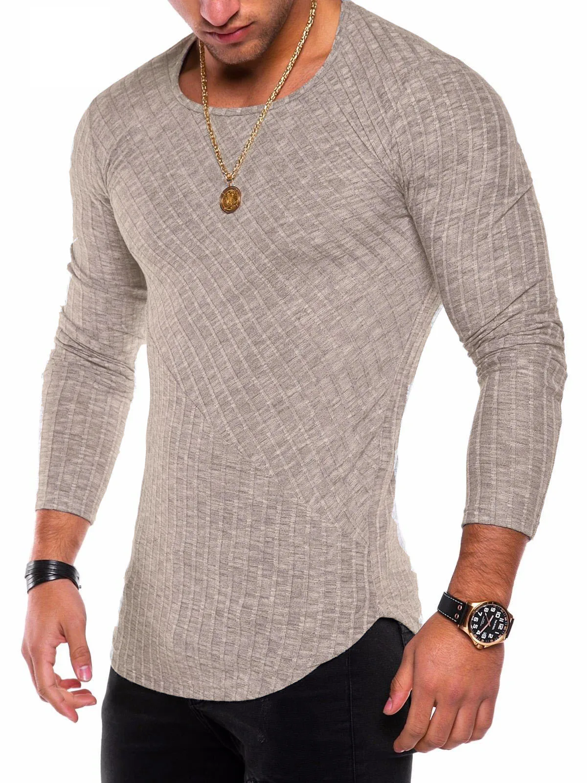 Men’s Slim Fit Ribbed Long Sleeve T-Shirt – Curved Hem, Crew Neck, Lightweight Knit Top