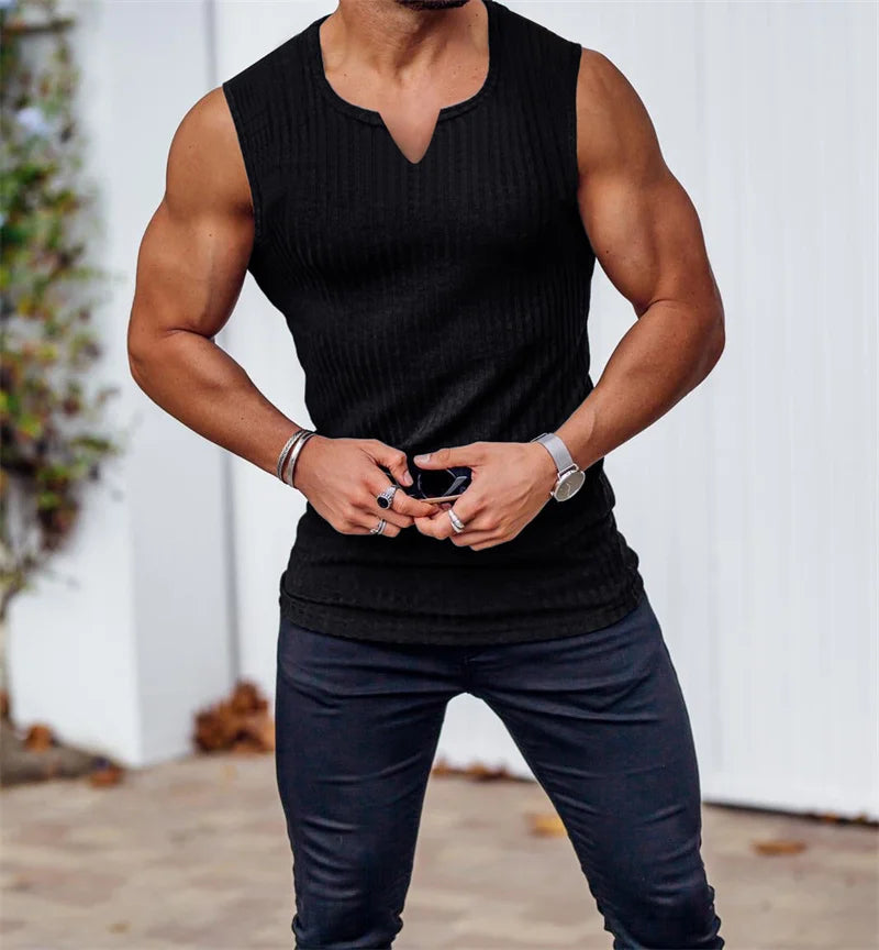 Men’s V-Neck Ribbed Tank Top Sleeveless Shirt – Fitness Muscle Vest Gym Training Sports Undershirt