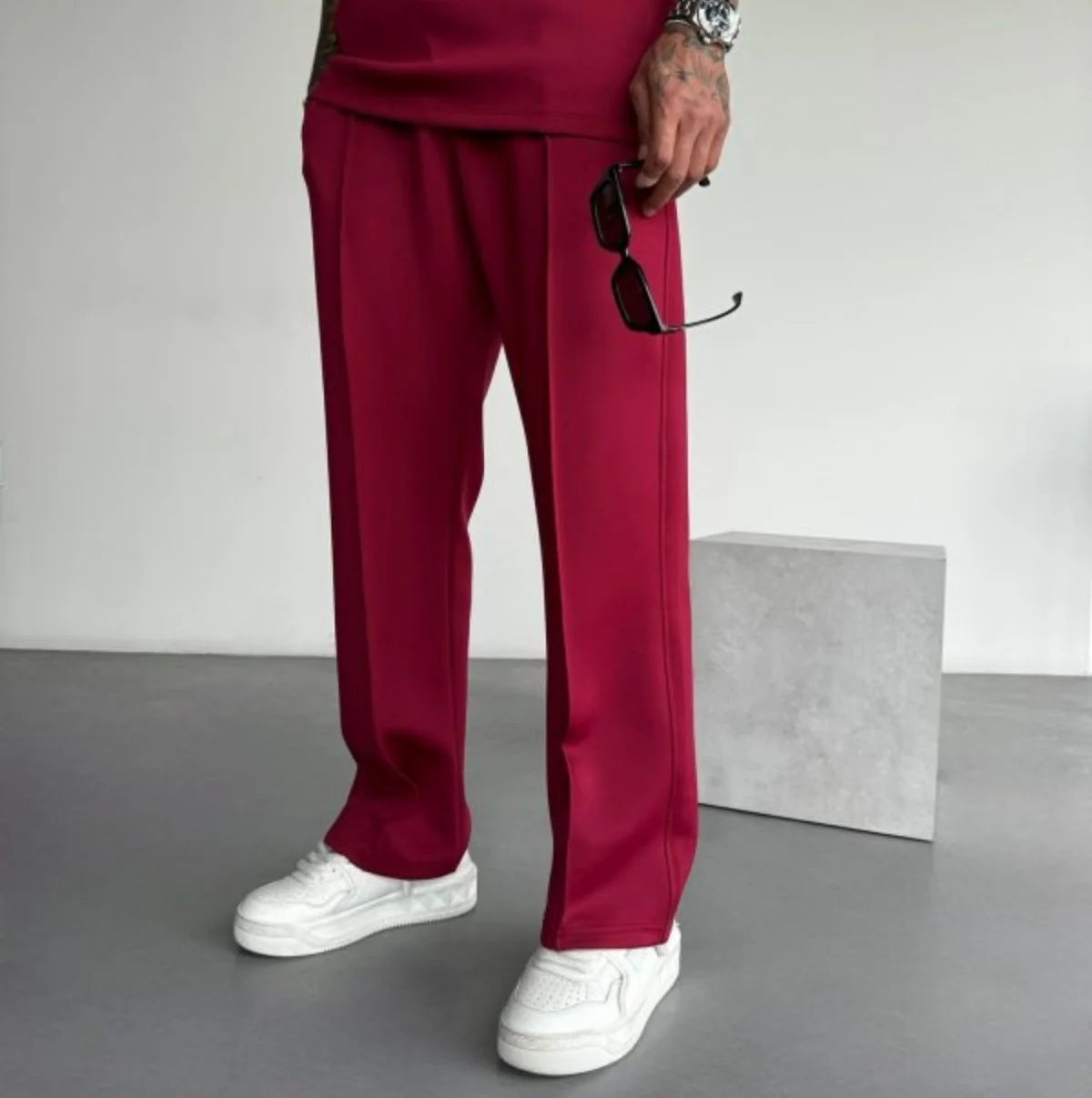 Men’s Casual Solid Color Pants – Elastic Waist Drawstring Trousers with Pleats and Pockets