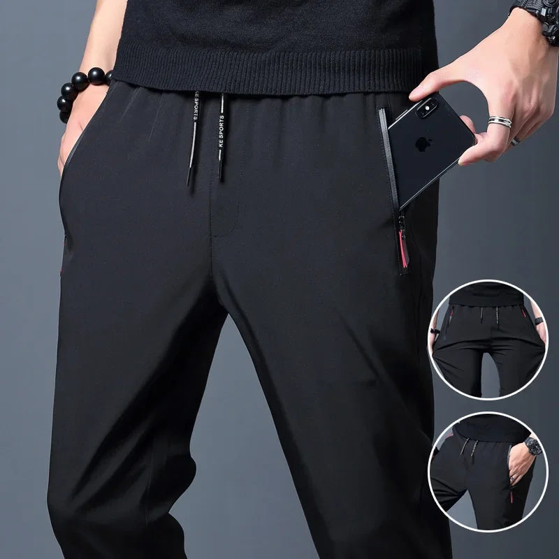Men’s Slim Fit Casual Pants – Elastic Waist Joggers with Zipper Pockets, Straight Leg Trousers