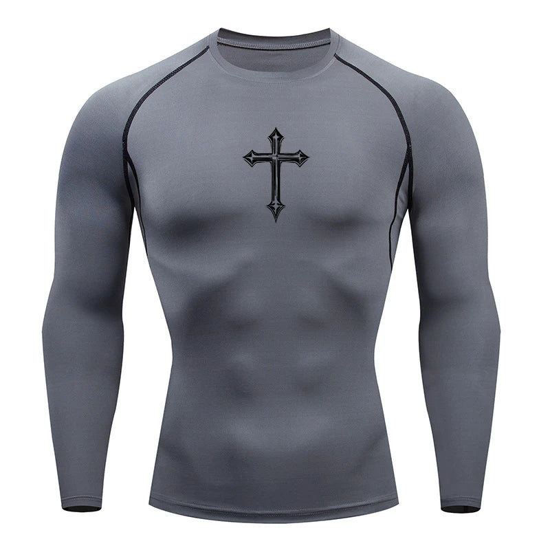 Men’s Cross Print Compression Shirt – Short/Long Sleeve Rash Guard Gym Top, Quick-Dry Base Layer – Hides Belly Fat & Gynecomastia