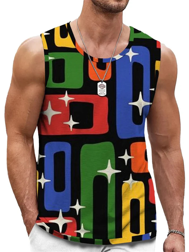Men’s Retro Geometric Tank Top – Casual Sleeveless 3D Print Vest, Quick-Dry & Breathable Loose Fit Pullover