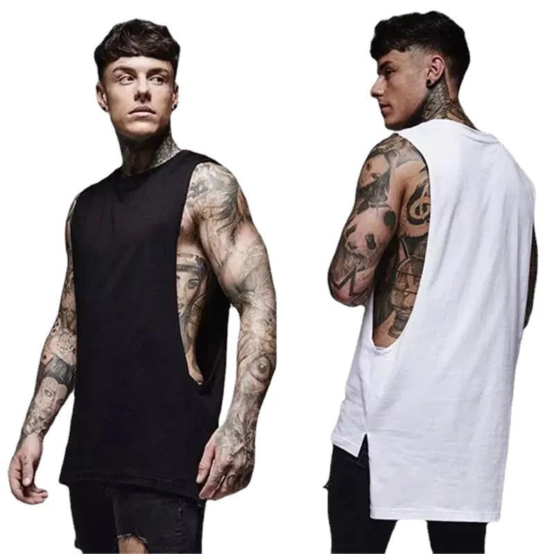 Men’s Longline Gym Tank Top Shirt – Cotton Sleeveless Workout Vest for Fitness, Training, and Hip Hop Style